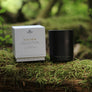 Black container pet friendly soy candle and white box labeled 'Haven Collection' on a mossy surface with blurred greenery in the background