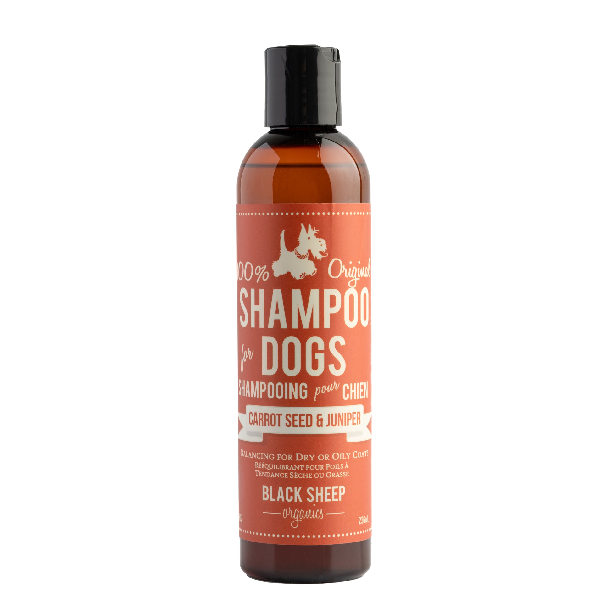 A carrot seed & juniper organic dog shampoo that can help dogs with oil balancing for shedding coats.