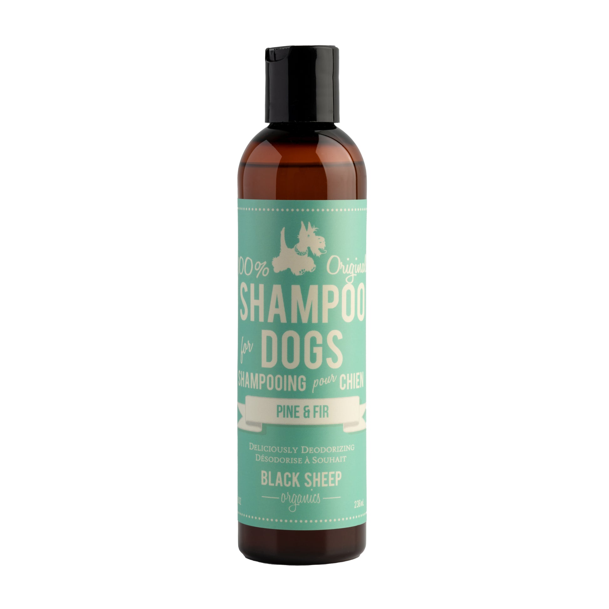 A pine & fir organic dog shampoo from Black Sheep Organics that can help deodorize wet doggie smell.