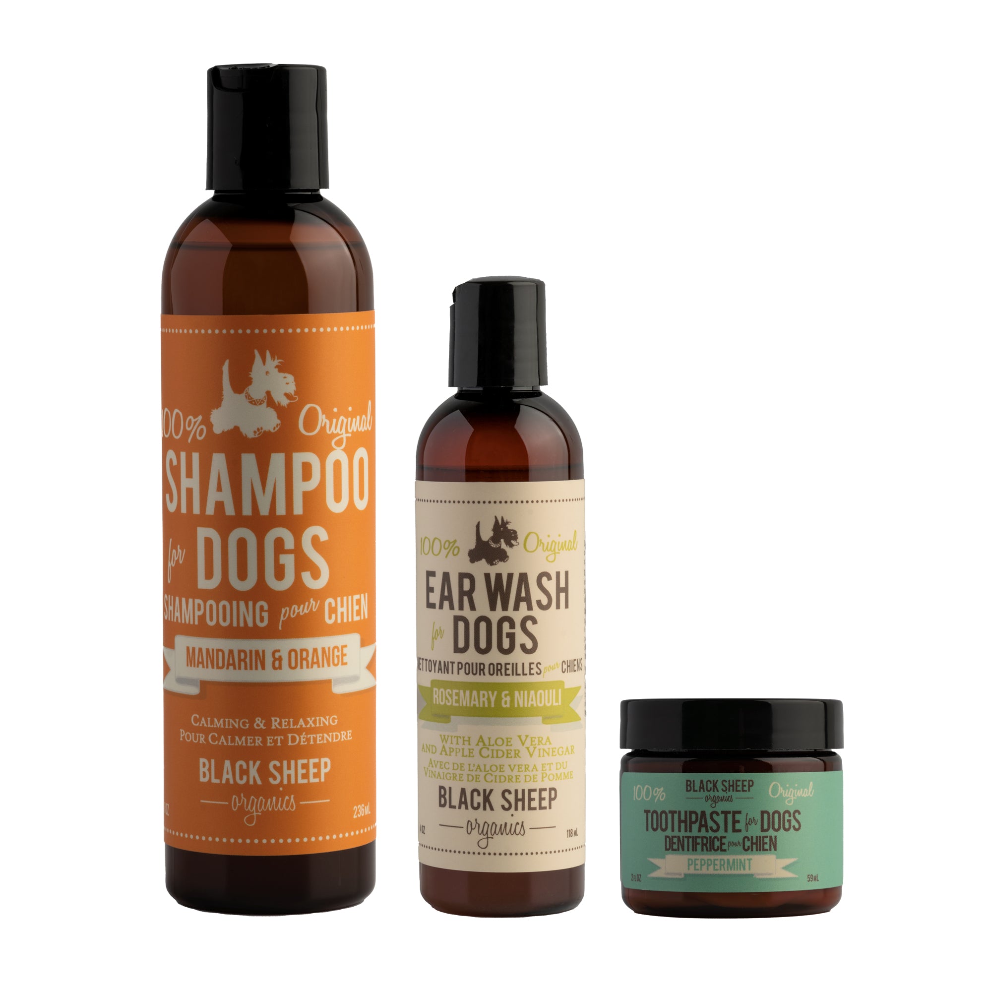 Puppy baths...... could you imagine anything better? Introduce your new puppy to a natural kind of clean. Calming and relaxing Mandarin & Orange Shampoo is grouped here with wonderfully gentle Ear Wash and minty fresh Toothpaste.
