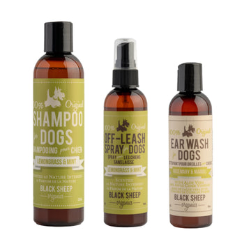 lemongrass and mint essential oil for dogs, natural dog shampoo, outdoor dog spray, gentle dog ear cleaner bundle with 10% discount. The lemongrass all plant dog shampoo and dog spray duo set with natural dog ear wash for waxy dog ears and smelly dog ears.