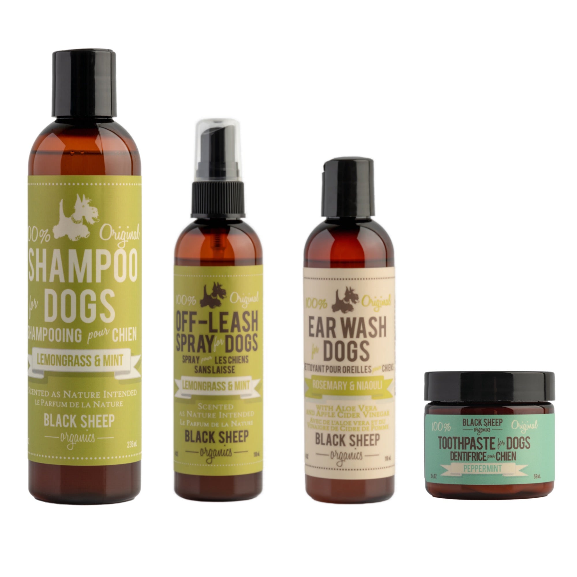 Black sheep organics summer essential for dogs, including lemongrass and mint essential natural dog shampoo, outdoor dog spray, gentle dog ear cleaner and coconut oil for dog toothpaste. All made with certified organic essential oils.